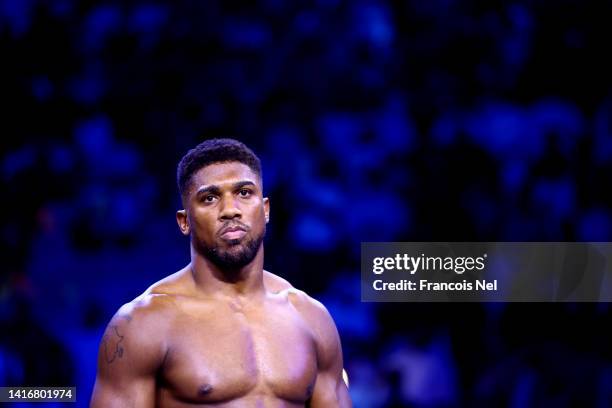 Anthony Joshua looks on ahead of their World Heavyweight Championship fight against Oleksandr Usyk during the Rage on the Red Sea Heavyweight Title...