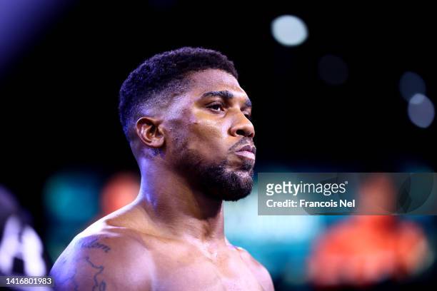 Anthony Joshua looks on ahead of their World Heavyweight Championship fight against Oleksandr Usyk during the Rage on the Red Sea Heavyweight Title...