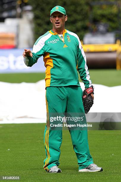 Coach Gary Kirsten talks to his team during a South Africa nets session at Basin Reserve on March 22, 2012 in Wellington, New Zealand.