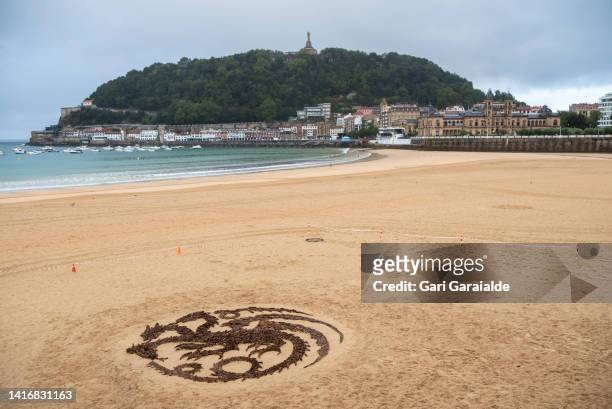 General view of five meter diameter symbol of the House Targaryen created using stones by Wales based Land Art artist Jon Foreman together with...