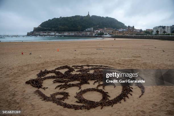 General view of five meter diameter symbol of the House Targaryen created using stones by Wales based Land Art artist Jon Foreman together with...