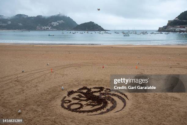 General view of five meter diameter symbol of the House Targaryen created using stones by Wales based Land Art artist Jon Foreman together with...