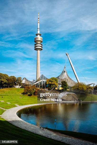 olympic tower in munich, germany - olympiapark stock pictures, royalty-free photos & images