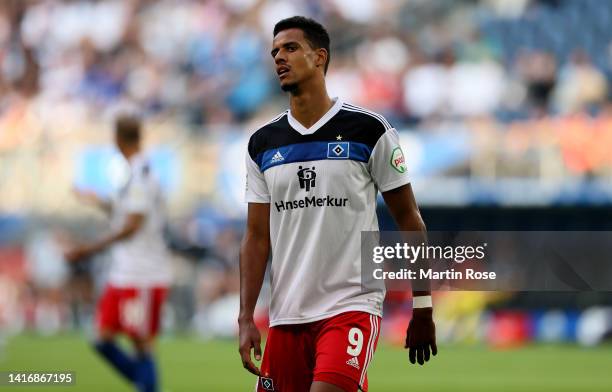 Robert Glatzel of Hamburger SV looks on during the Second Bundesliga match between Hamburger SV and SV Darmstadt 98 at Volksparkstadion on August 19,...