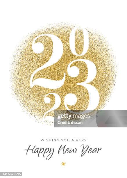 ilustraciones, imágenes clip art, dibujos animados e iconos de stock de 2023 - tarjeta de año nuevo con purpurina dorada. - new years eve