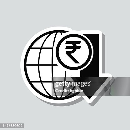 Indian rupee rate decrease. Icon sticker on gray background Indian rupee rate decrease. Icon sticker on gray background