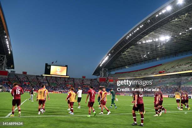 Vissel Kobe players show dejection after their 1-3 defeat in the AFC Champions League quarter final between Vissel Kobe and Jeonbuk Hyundai Motors at...