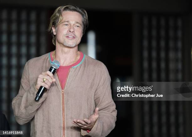 Actor Brad Pitt speaks during the 'Bullet Train' promotion event at Koyasan Tokyo Betsu-In Temple on August 22, 2022 in Tokyo, Japan.