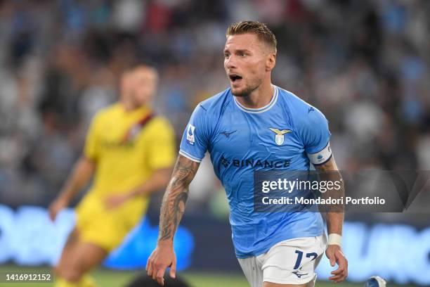 Ciro Immobile of SS Lazio celebrates after scoring the goal of 2-1 during the Serie A football match between SS Lazio and Bologna FC at Olimpico...