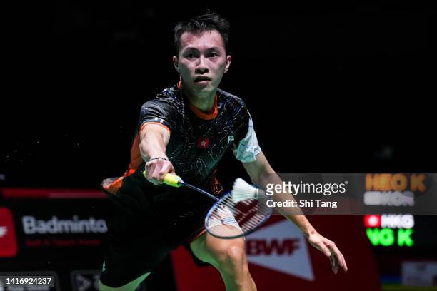 Ng Ka Long Angus of Hong Kong competes in the Men's Singles First Round match against Heo Kwang Hee of Korea on day one of the BWF World...
