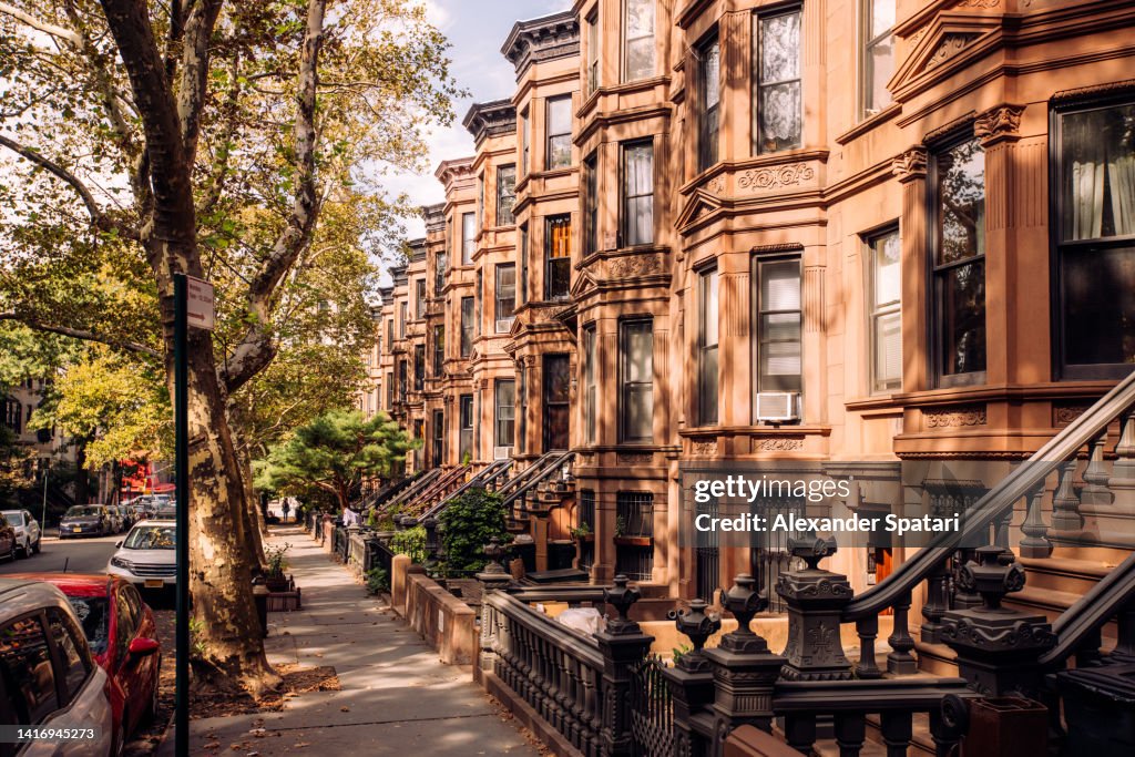 Brownstone row houses in Park Slope, Brooklyn, New York City, USA