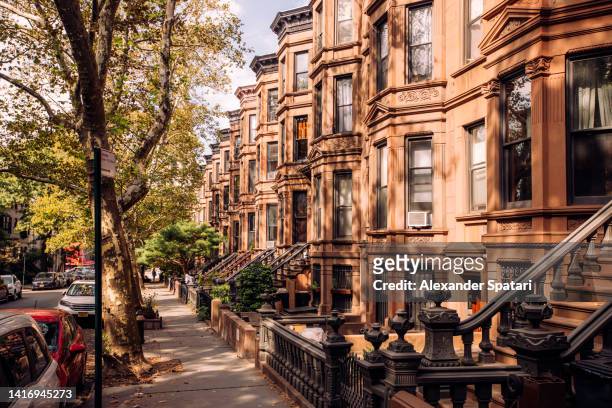 brownstone row houses in park slope, brooklyn, new york city, usa - brooklyn brownstone foto e immagini stock