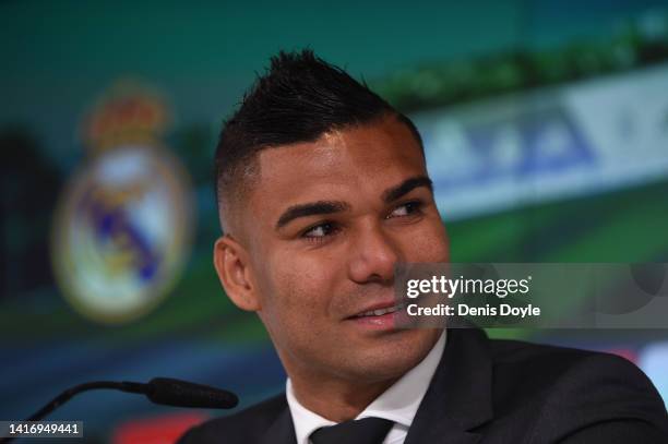 Real Madrid player Casemiro gives a press conference at the club's Ciudad de Futbol training grounds on August 22, 2022 in Madrid, Spain. Casemiro...