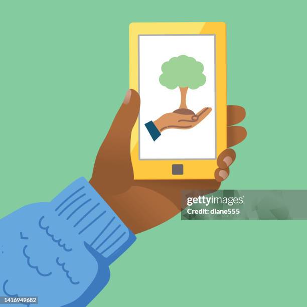 hand holding smartphone with environmental icon - tree - screen saver stock illustrations