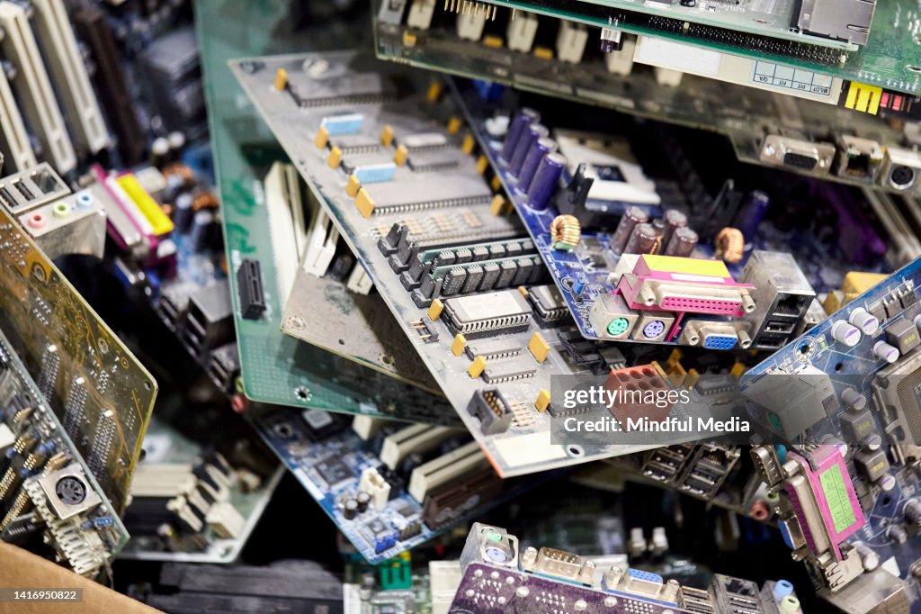 A heap of electronic and computer hardware waste for recycling