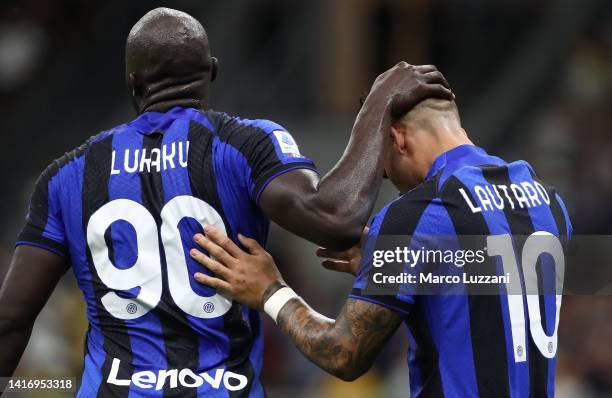 Lautaro Martinez of FC Internazionale celebrates scoring their side's first goal with his team-mate Romelu Lukaku during the Serie A match between FC...