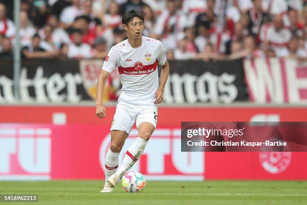 Hiroki Ito of VfB Stuttgart in action during the Bundesliga match between VfB Stuttgart and Sport-Club Freiburg at Mercedes-Benz Arena on August 20,...