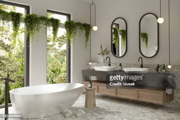 modern bathroom interior - bathroom pot plant stock pictures, royalty-free photos & images