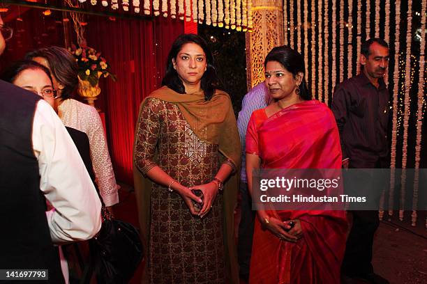 Congress Lok Sabha MP Priya Dutt with DMK Rajya Sabha MP Kanimozhi attending Hamdullah Sayeed-Aamna Mirza's wedding reception, held on on March 15,...