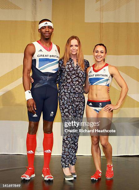 Triple jumper Phillips Idowu, creative designer Stella McCartney and Heptathlon athlete Jessica Ennis on stage at the official British team kit...