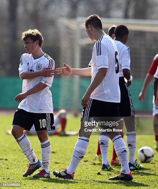 Max Meyer of Germany celebrate with team mate Niklas Suele after the U17 Men's Elite Round match between Germany and Bulgaria on March 22, 2012 in...