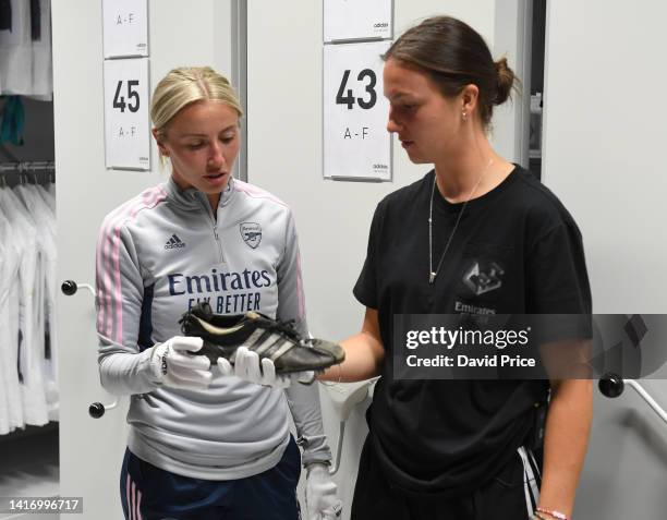 Lotte Wubben-Moy and Leah Williamson of Arsenal visits the Adidas Archive after the Arsenal Women's Pre Season training session at Adidassler...