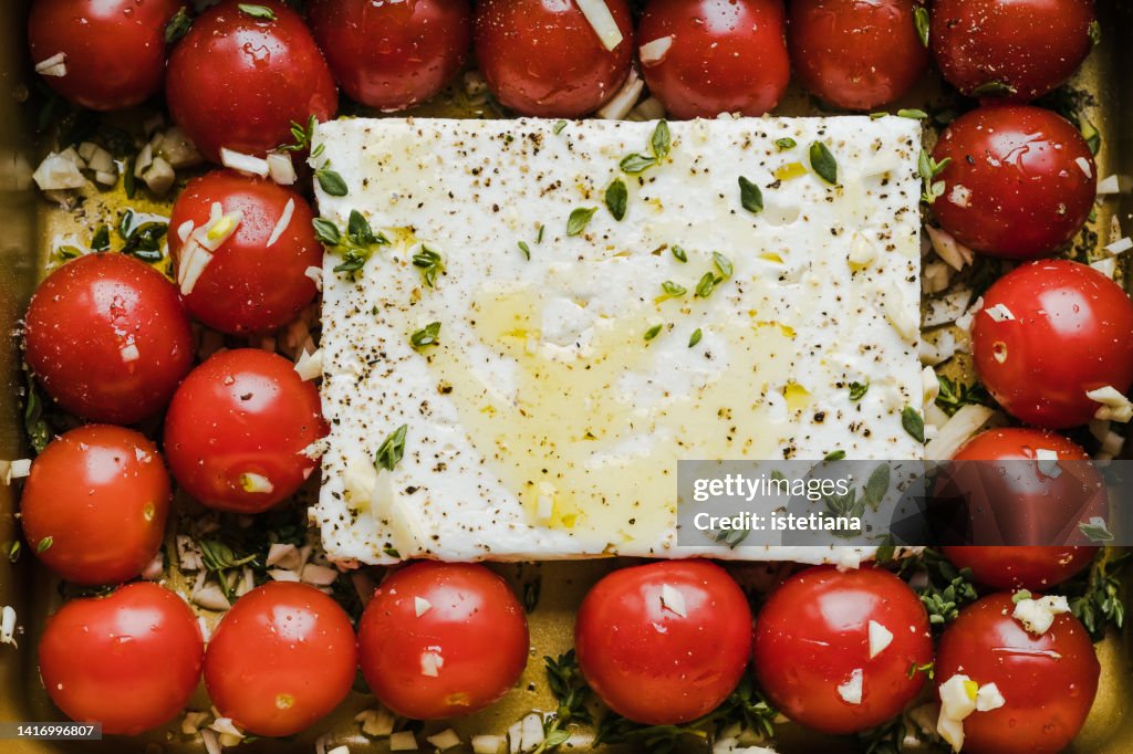 Feta pasta recipe background. Viral Tiktok pasta directly above