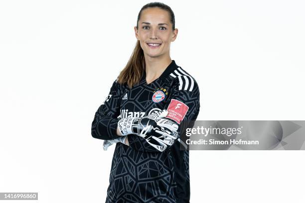 Laura Benkarth of FC Bayern München Women poses during the team presentation on August 22, 2022 in Munich, Germany.