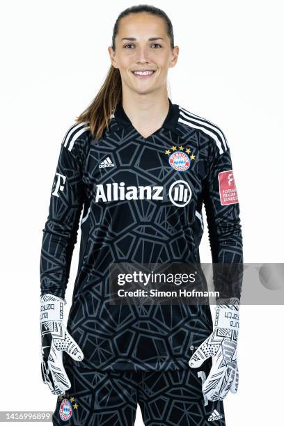 Laura Benkarth of FC Bayern München Women poses during the team presentation on August 22, 2022 in Munich, Germany.