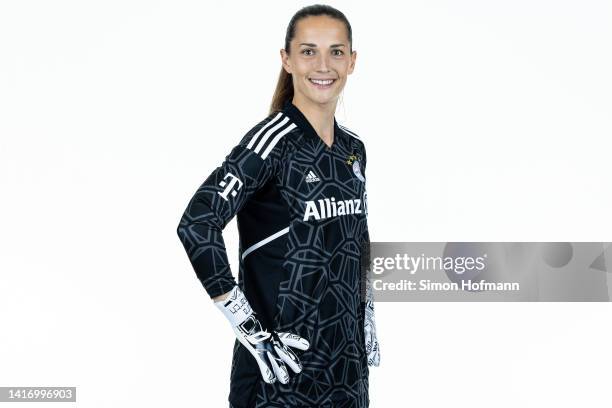 Laura Benkarth of FC Bayern München Women poses during the team presentation on August 22, 2022 in Munich, Germany.