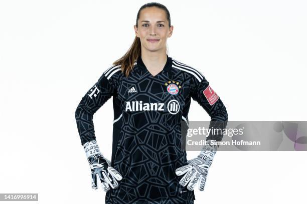 Laura Benkarth of FC Bayern München Women poses during the team presentation on August 22, 2022 in Munich, Germany.
