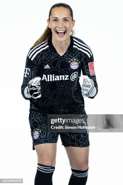 Laura Benkarth of FC Bayern München Women poses during the team presentation on August 22, 2022 in Munich, Germany.