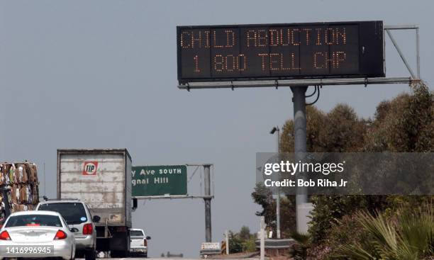 California Department of Transportation highway sign flashes an 'Amber Alert' warning motorists along Interstate 405 to an abduction and vehicle...