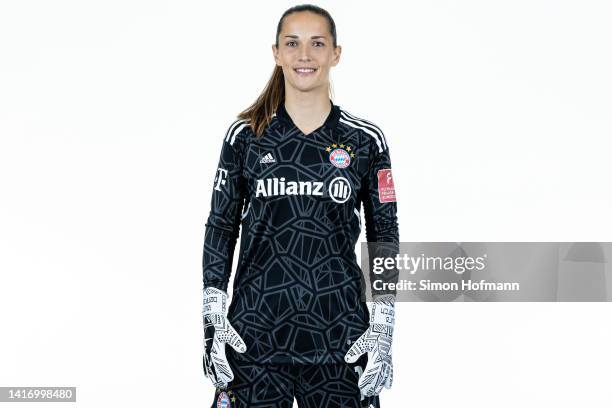 Laura Benkarth of FC Bayern München Women poses during the team presentation on August 22, 2022 in Munich, Germany.