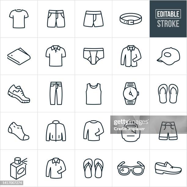 ilustraciones, imágenes clip art, dibujos animados e iconos de stock de iconos de línea delgada de ropa casual para hombres - trazo editable - camiseta de tirantes