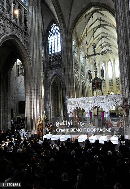 General view taken on March 22, 2012 at the Sint-Pieters church in Leuven during a funeral service for the seven children from Heverlee, who were...