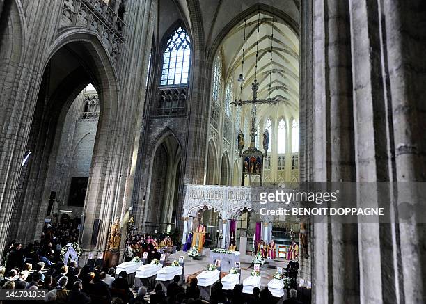General view taken on March 22, 2012 at the Sint-Pieters church in Leuven during a funeral service for the seven children from Heverlee, who were...