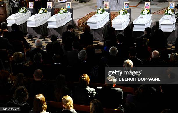 General view taken on March 22, 2012 at the Sint-Pieters church in Leuven during a funeral service for the seven children from Heverlee, who were...