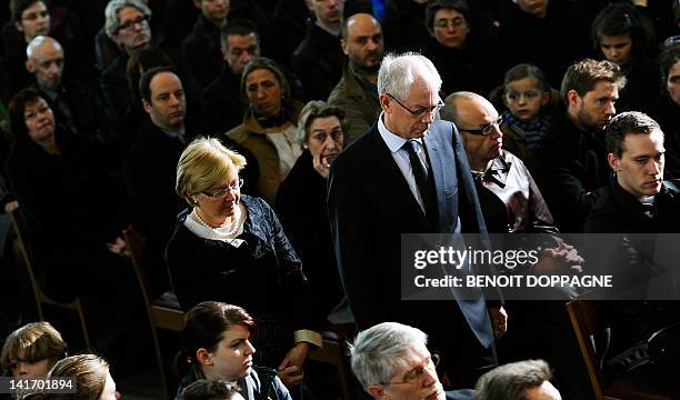 Geertrui Windels and her husband and President of the European Council Herman Van Rompuy arrive on March 22, 2012 at the Sint-Pieters church in...