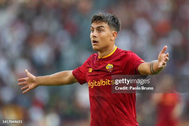 Paulo Dybala of AS Roma reacts during the Serie A match between AS Roma and US Cremonese at Stadio Olimpico on August 22, 2022 in Rome, Italy.