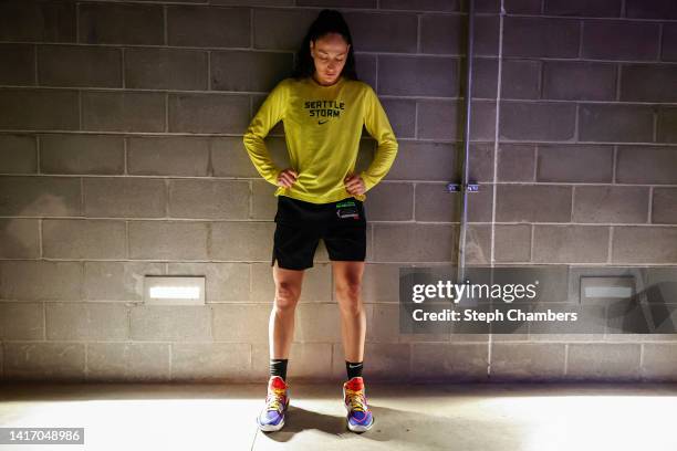 Sue Bird of the Seattle Storm prepares to take the floor before the game against the Washington Mystics in Round 1 Game 2 of the WNBA playoffs at...