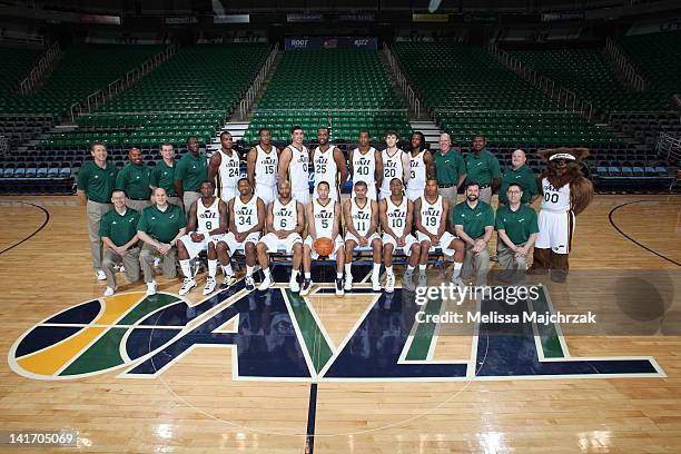 The Utah Jazz pose for their team photo at Energy Solutions Arena on March 19, 2012 in Salt Lake City, Utah. NOTE TO USER: User expressly...