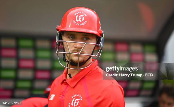 Joe Clarke of Welsh Fire looks on before The Hundred match between Welsh Fire Men and Southern Brave Men at Sophia Gardens on August 22, 2022 in...