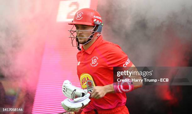 Joe Clarke of Welsh Fire makes his way out to bat during The Hundred match between Welsh Fire Men and Southern Brave Men at Sophia Gardens on August...