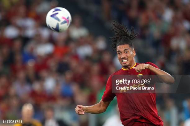 Chris Smalling of AS Roma scores their side's first goal during the Serie A match between AS Roma and US Cremonese at Stadio Olimpico on August 22,...