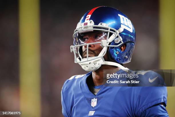 Tyrod Taylor of the New York Giants looks on during the first half of a preseason game against the Cincinnati Bengals at MetLife Stadium on August...