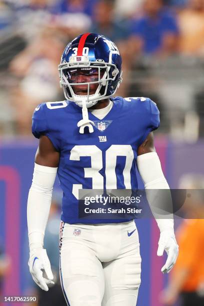 Darnay Holmes of the New York Giants looks on during the first half of a preseason game against the Cincinnati Bengals at MetLife Stadium on August...