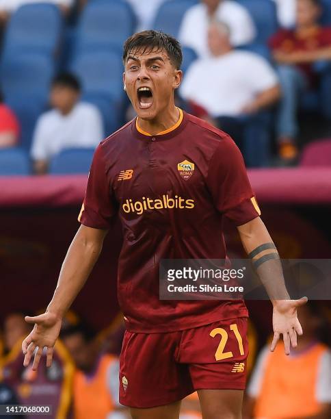 Paulo Dybala of AS Roma gestures during the Serie A match between AS Roma and US Cremonese at Stadio Olimpico on August 22, 2022 in Rome, Italy.