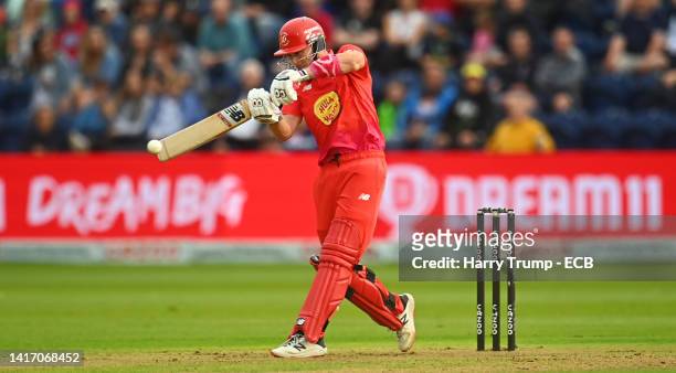 Joe Clarke of Welsh Fire bats during The Hundred match between Welsh Fire Men and Southern Brave Men at Sophia Gardens on August 22, 2022 in Cardiff,...