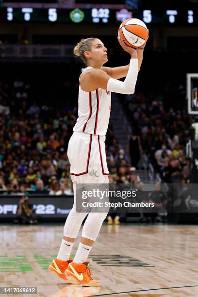 Elena Delle Donne of the Washington Mystics shoots against the Seattle Storm during the first quarter in Round 1 Game 2 of the WNBA playoffs at...